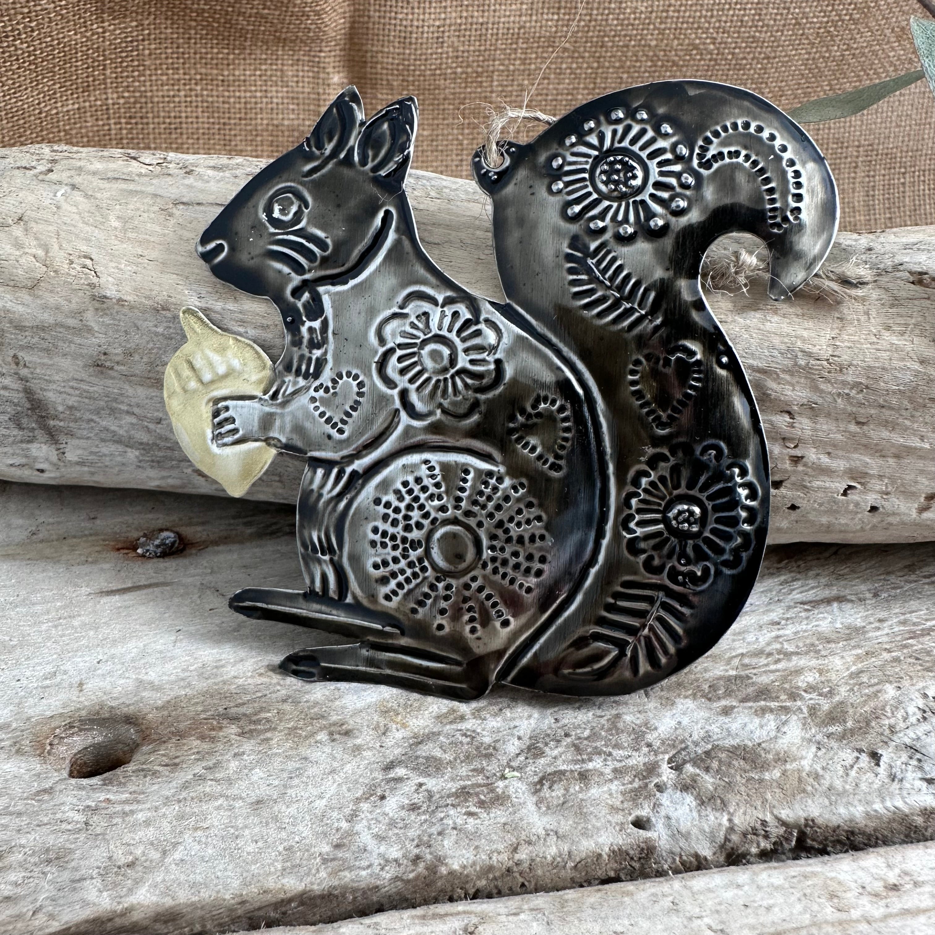 Silver Sacred Mother Squirrel Handcrafted Tin Decoration