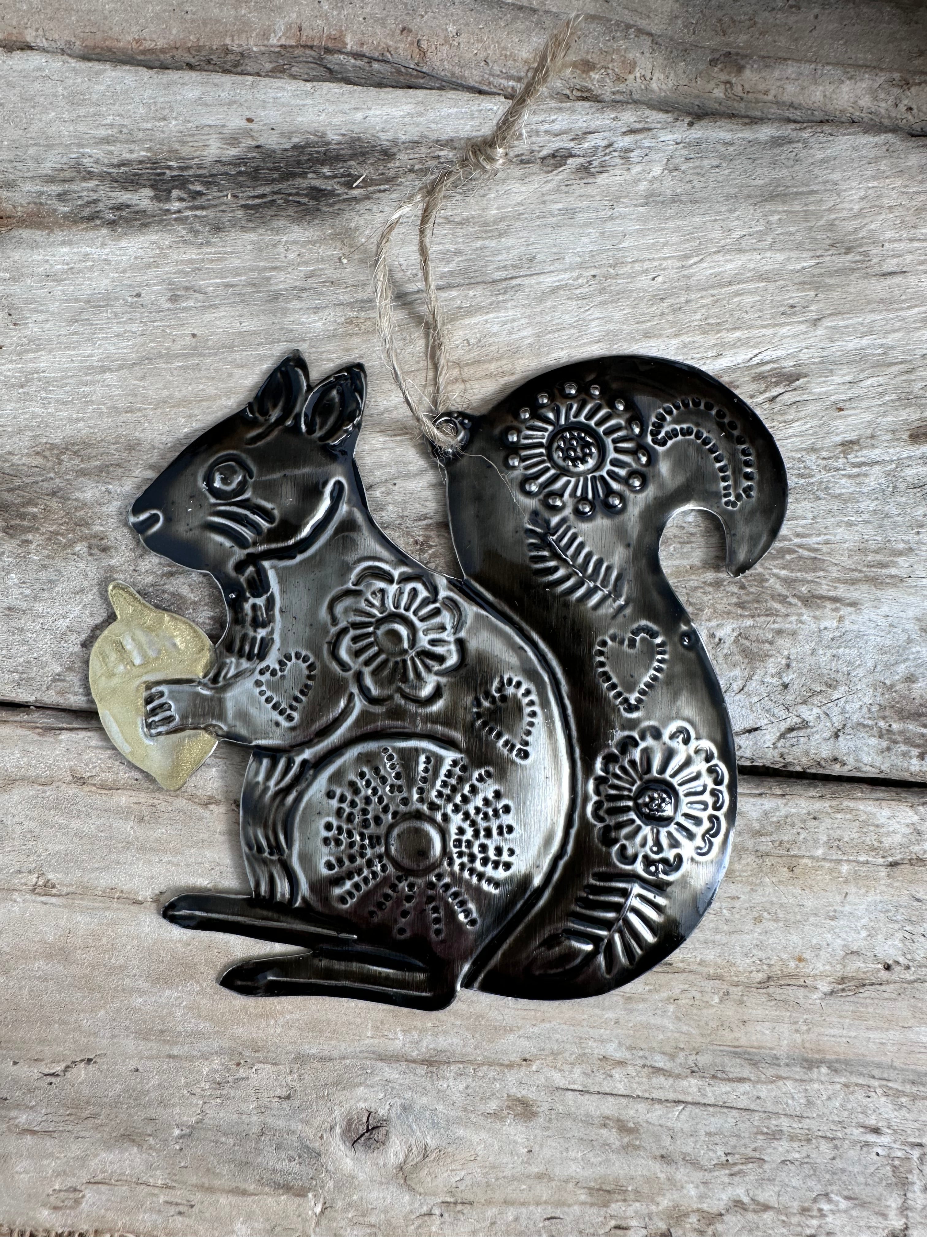 Silver Sacred Mother Squirrel Handcrafted Tin Decoration