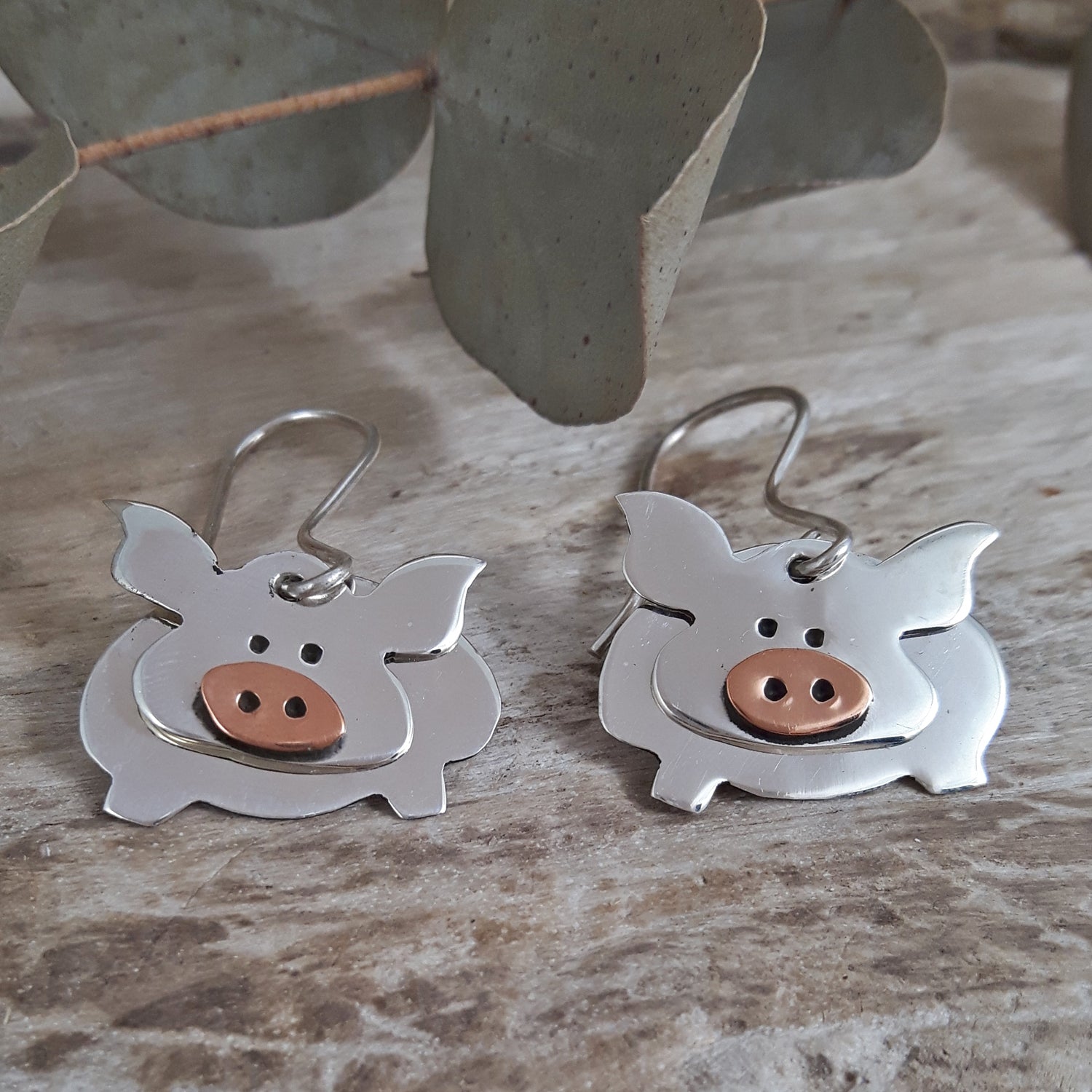 SAMPLE Duet Pig Silver/Copper Drop Earrings