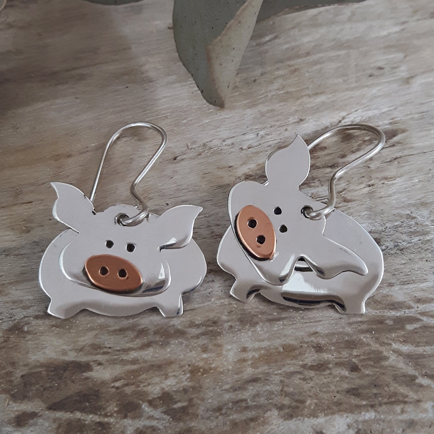 SAMPLE Duet Pig Silver/Copper Drop Earrings