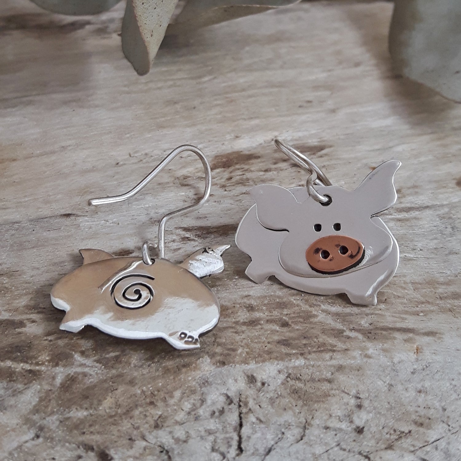 SAMPLE Duet Pig Silver/Copper Drop Earrings