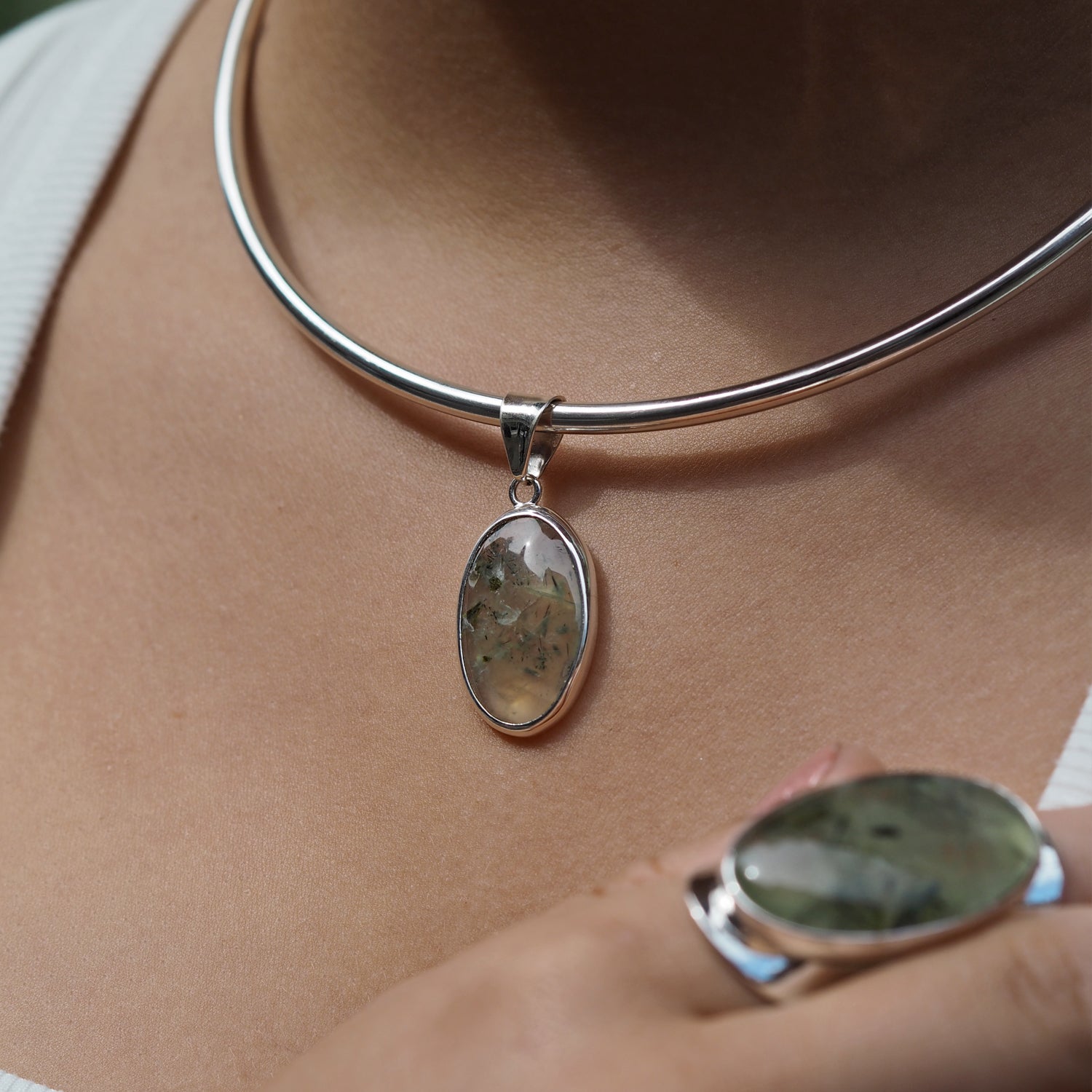 Prehnite Fern Medium Sterling Silver Gemstone Pendant