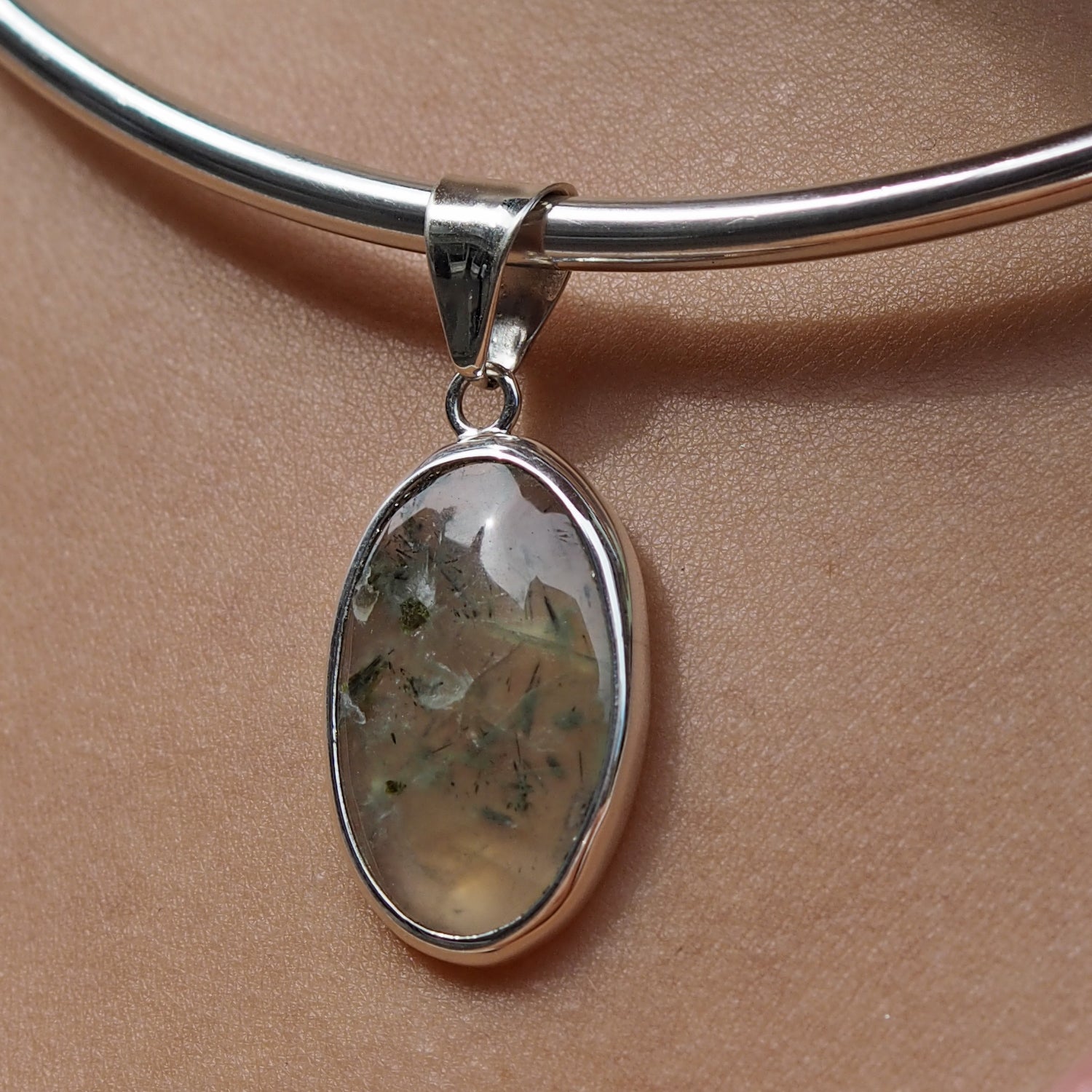 Prehnite Fern Medium Sterling Silver Gemstone Pendant