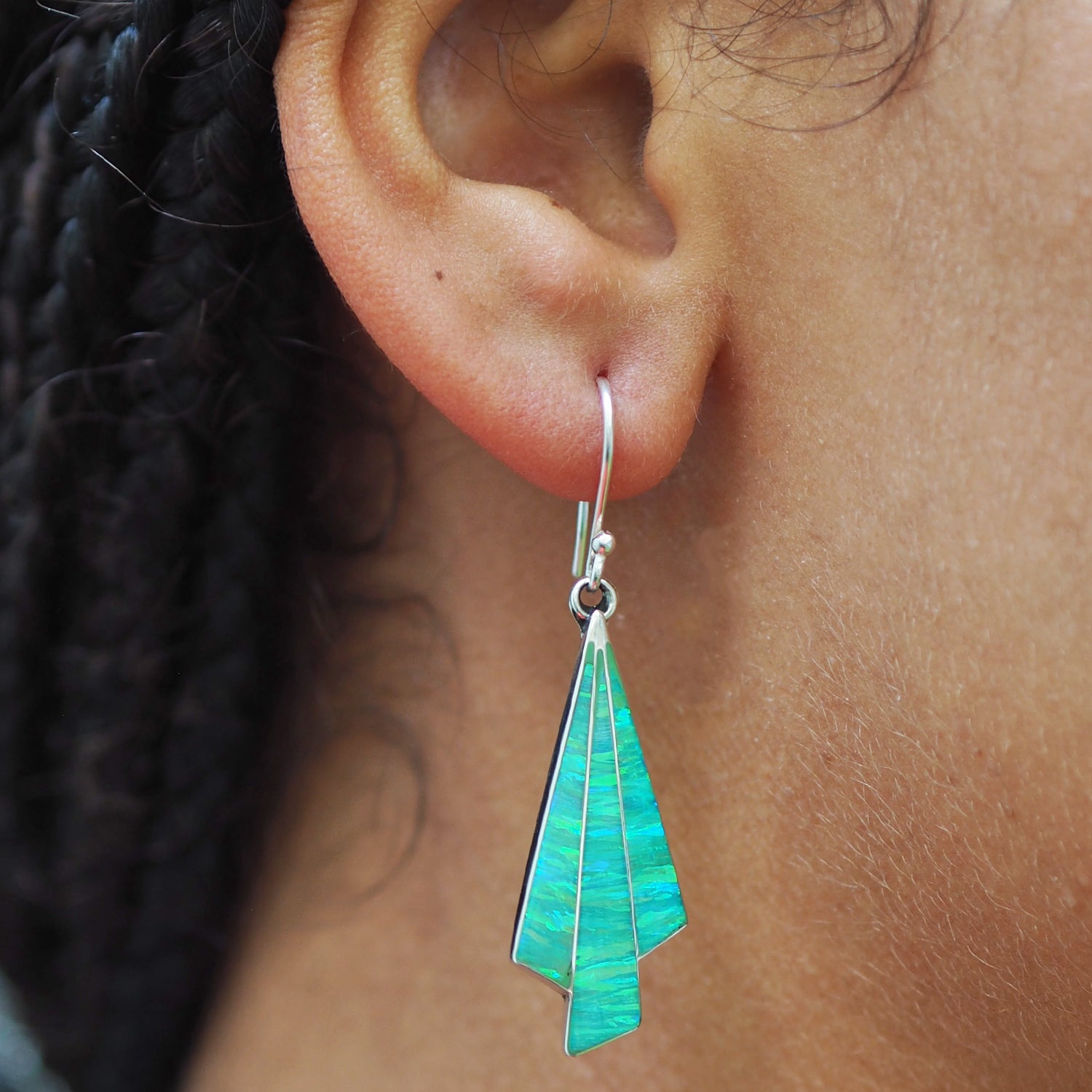 Flinder Seraphine Green Sterling Silver Drop Earrings with Cultured Opal Inlay