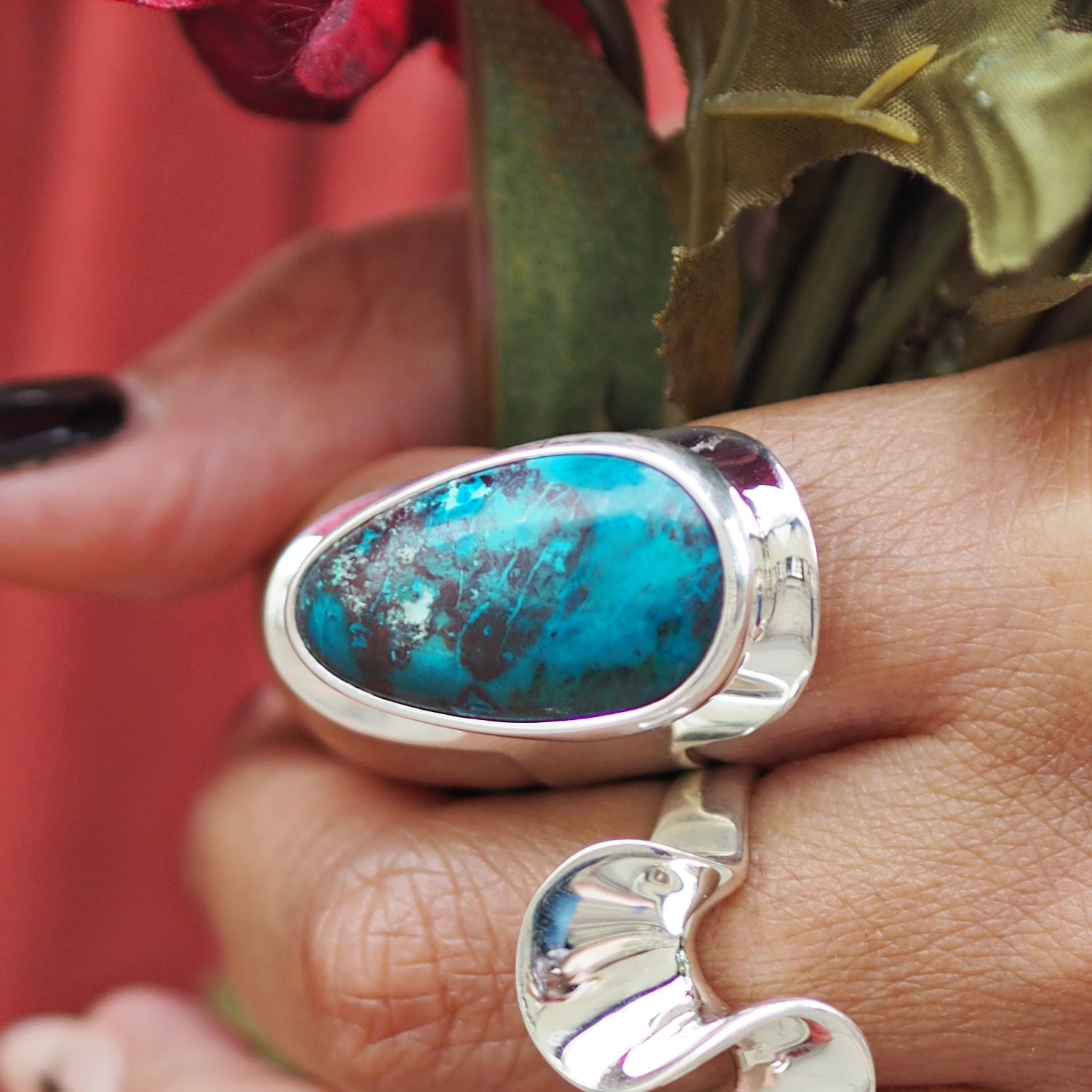 Monet Shattuckite Gemstone Medium Adjustable Ring A Set in Sterling Silver