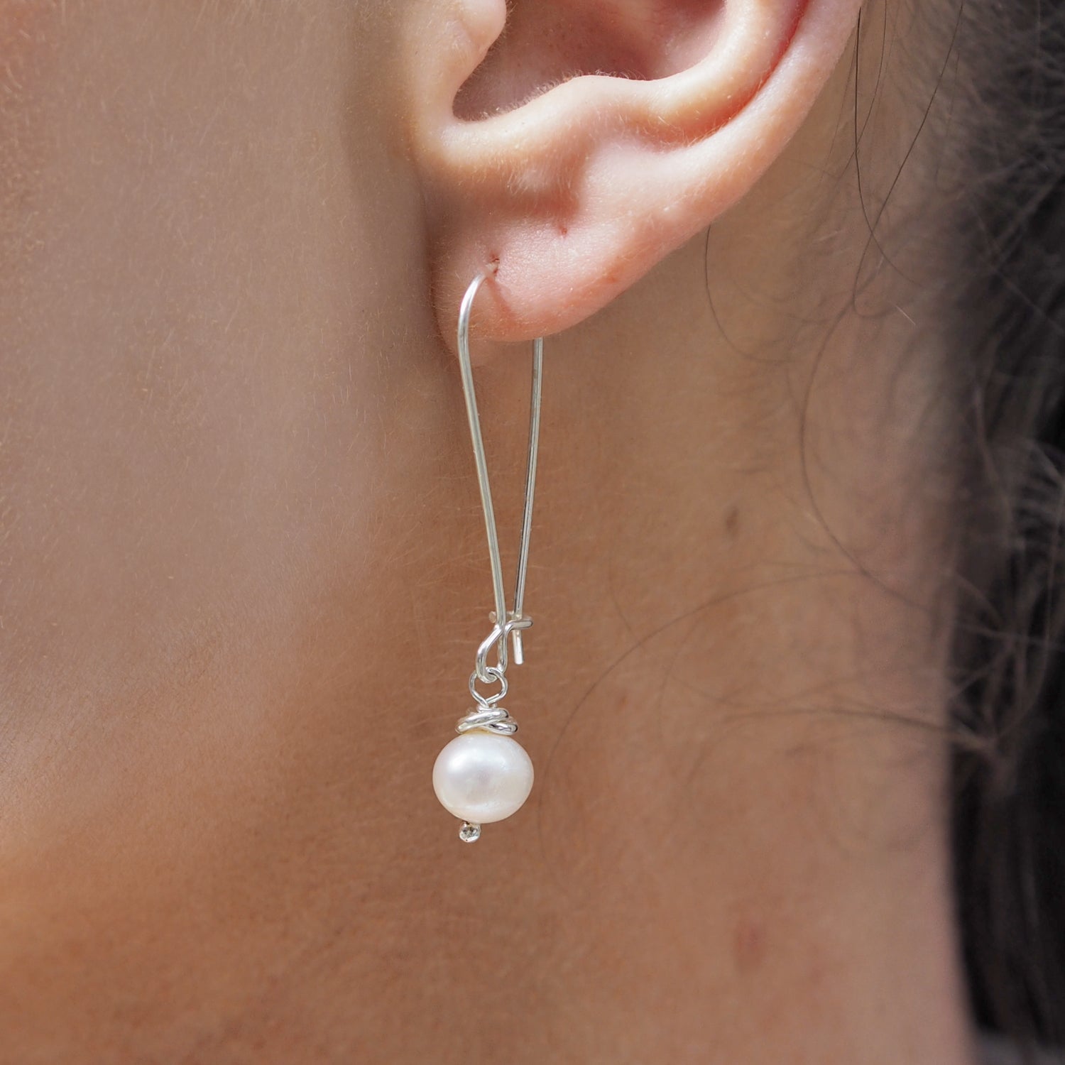 Mary White Pearl Drop Long Hook Earrings