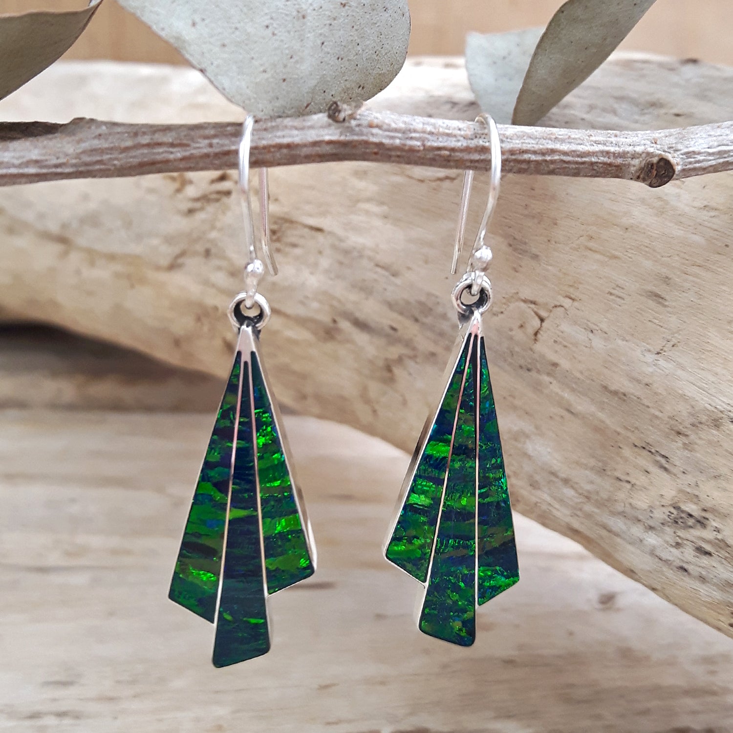 Flinder Seraphine Emerald Sterling Drop Earrings with Cultured Opal Inlay
