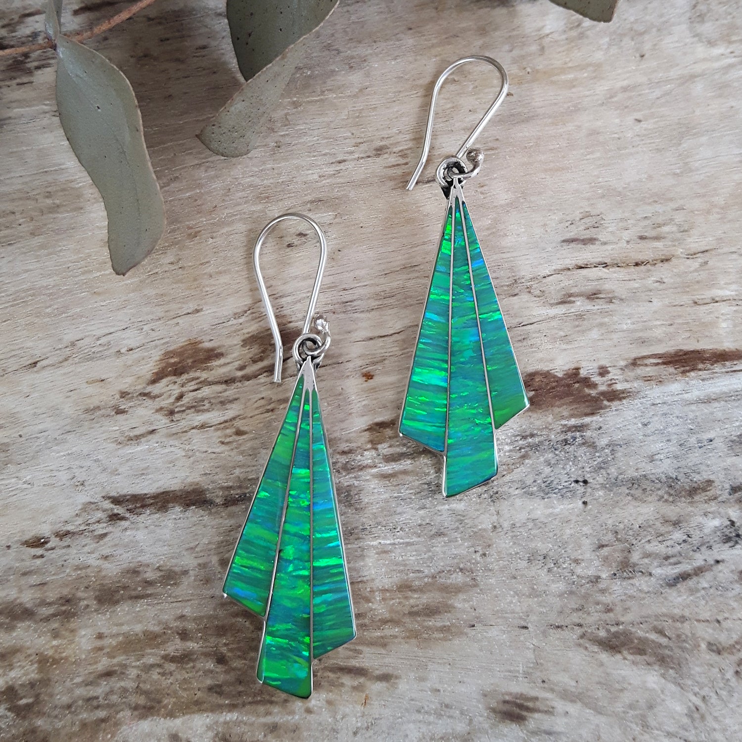 Flinder Seraphine Green Sterling Silver Drop Earrings with Cultured Opal Inlay