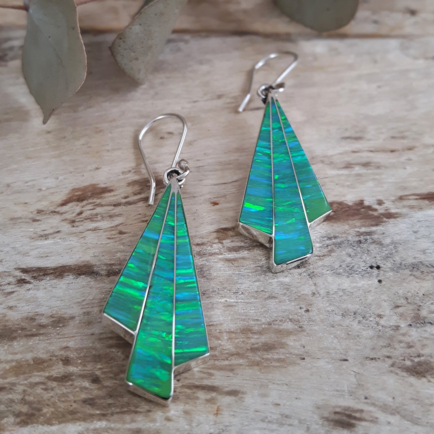 Flinder Seraphine Green Sterling Silver Drop Earrings with Cultured Opal Inlay