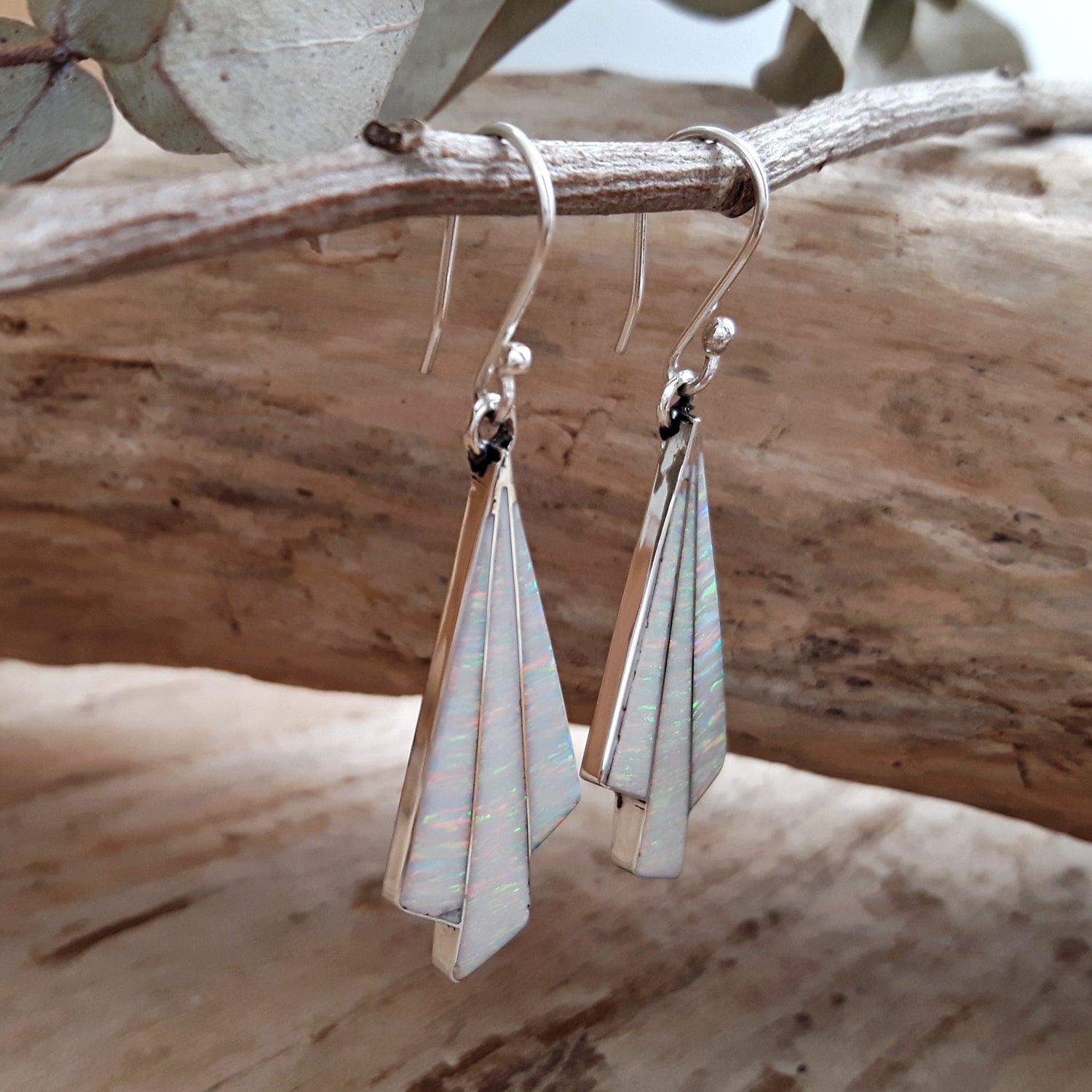 Flinder Seraphine White Sterling Silver Drop Earrings with Cultured Opal Inlay