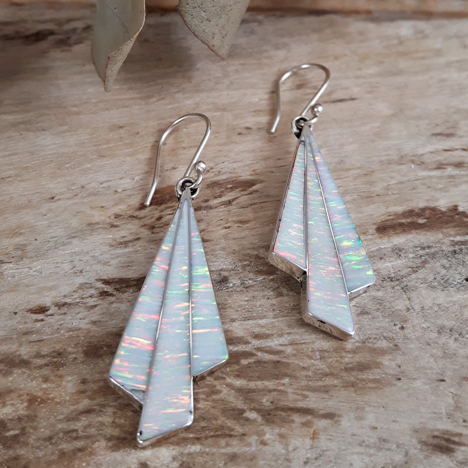Flinder Seraphine White Sterling Silver Drop Earrings with Cultured Opal Inlay