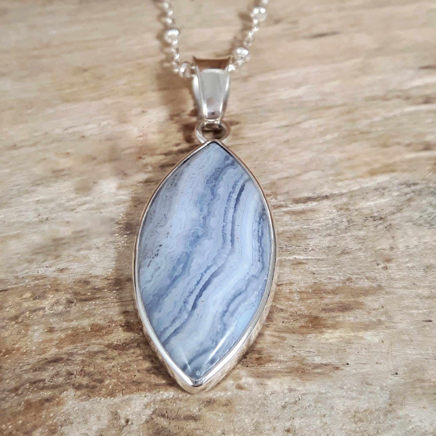 Unique hand-picked blue lace agate pendant in sterling silver, handcrafted in Mexico