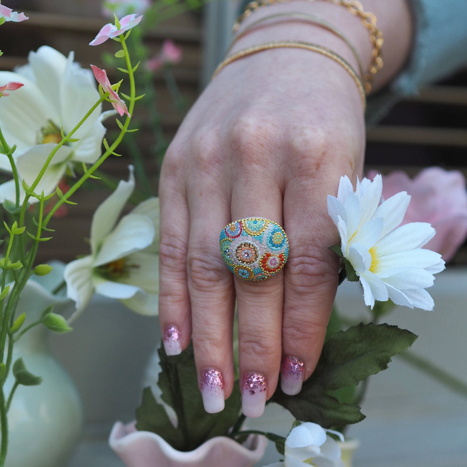 Allegra Dome Bloom Turquoise Adjustable Ring