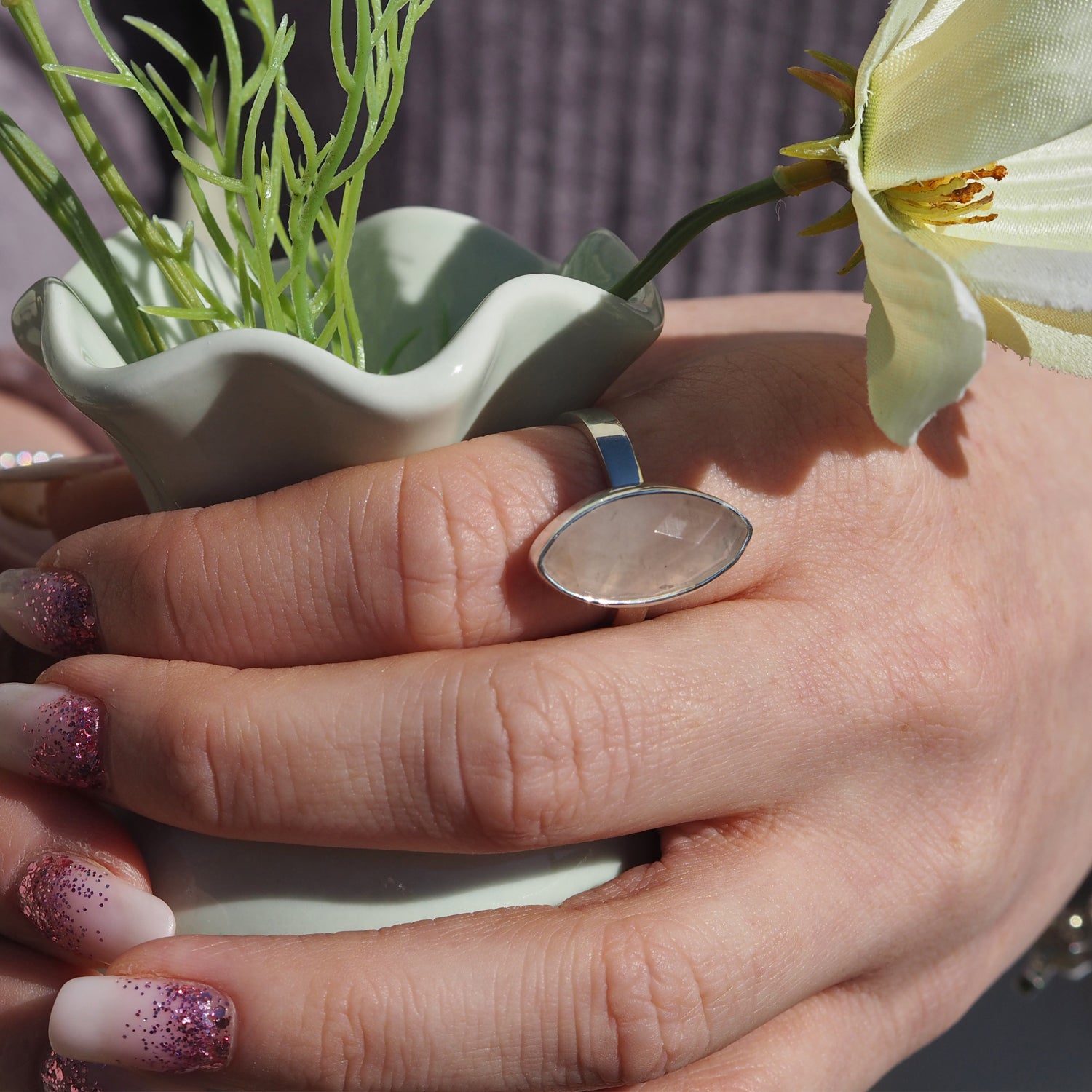 Elegance Leaf Rose Quartz Small Ring