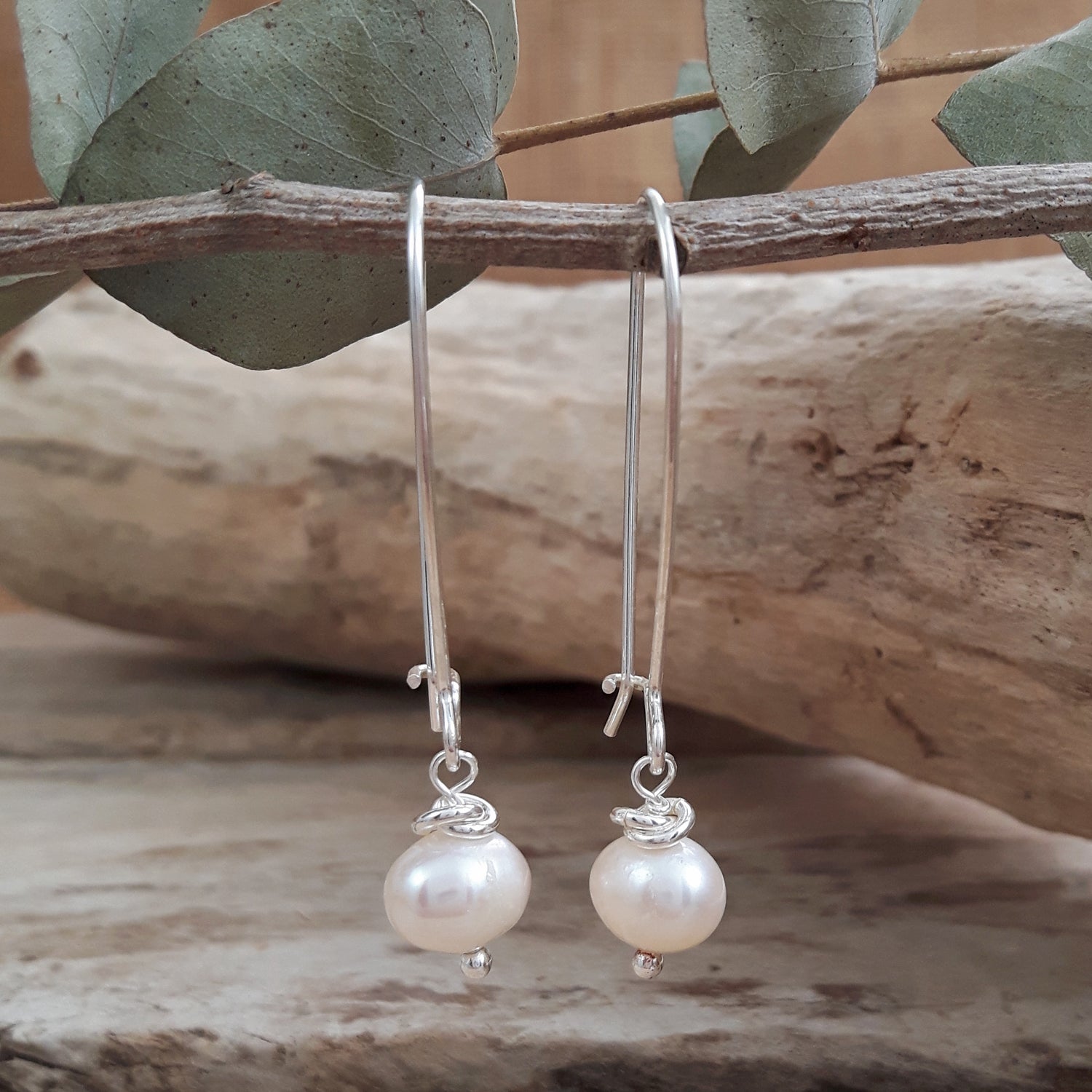 Mary White Pearl Drop Long Hook Earrings