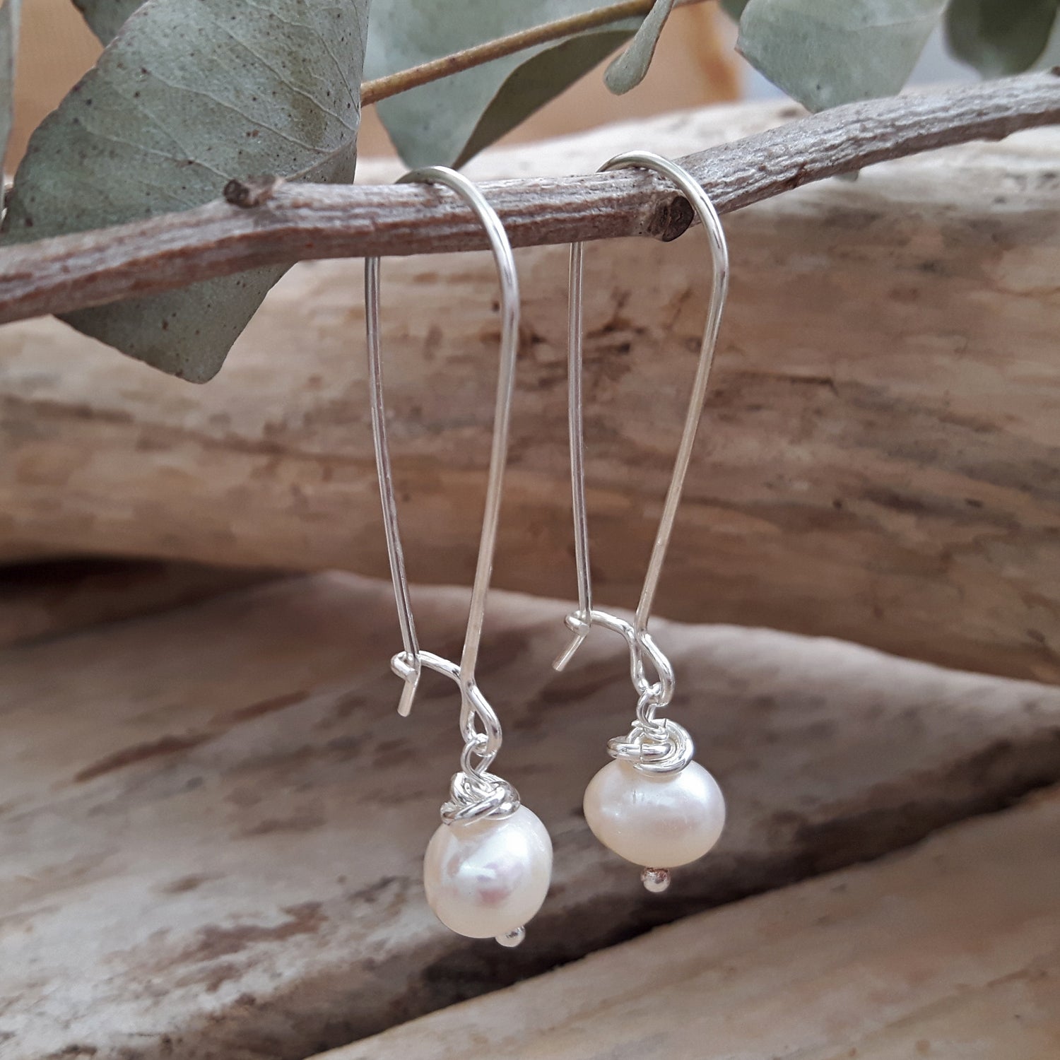 Mary White Pearl Drop Long Hook Earrings