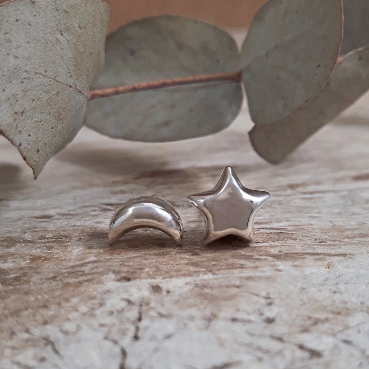 Minimalist Star and Moon Polished Stud Earrings