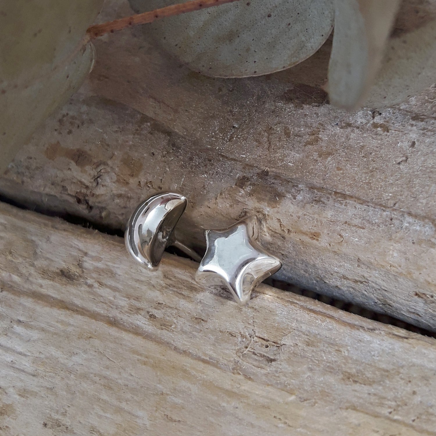 Minimalist Star and Moon Polished Stud Earrings