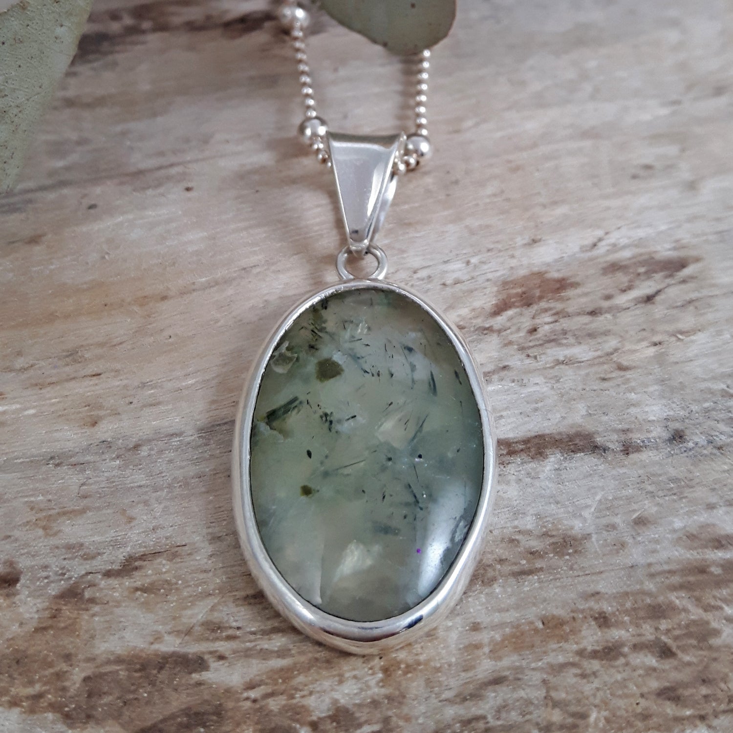 Prehnite Fern Medium Sterling Silver Gemstone Pendant