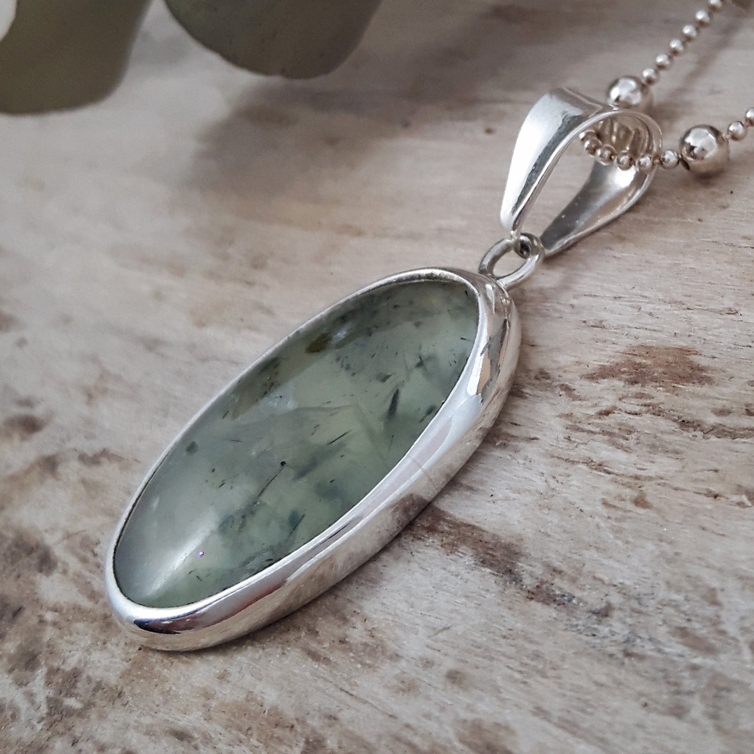 Prehnite Fern Medium Sterling Silver Gemstone Pendant