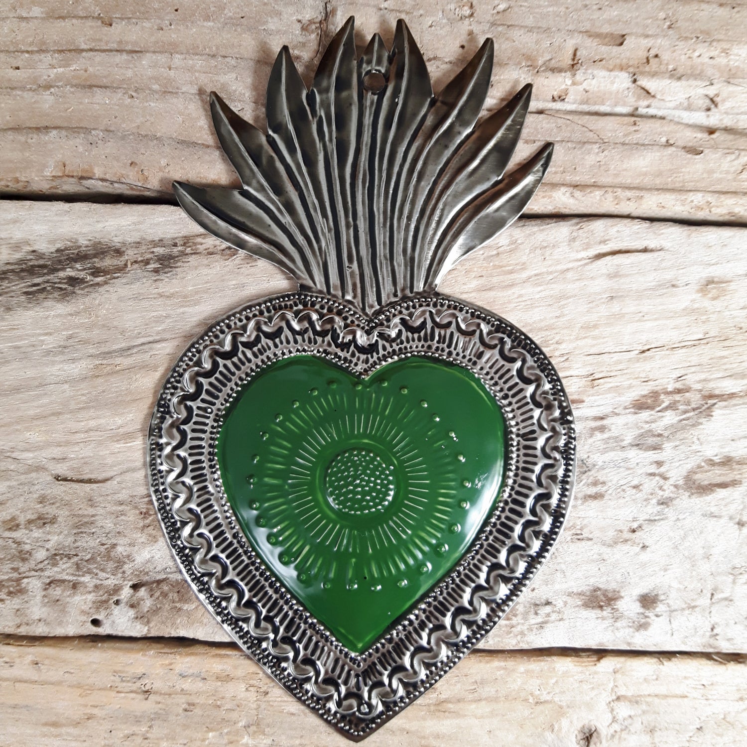 Sacred Heart Green Handcrafted Tin Decorations -A
