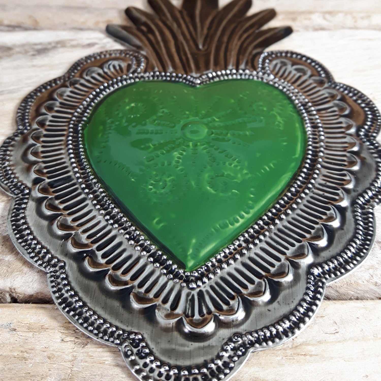 Sacred Heart Green Handcrafted Tin Decorations -B
