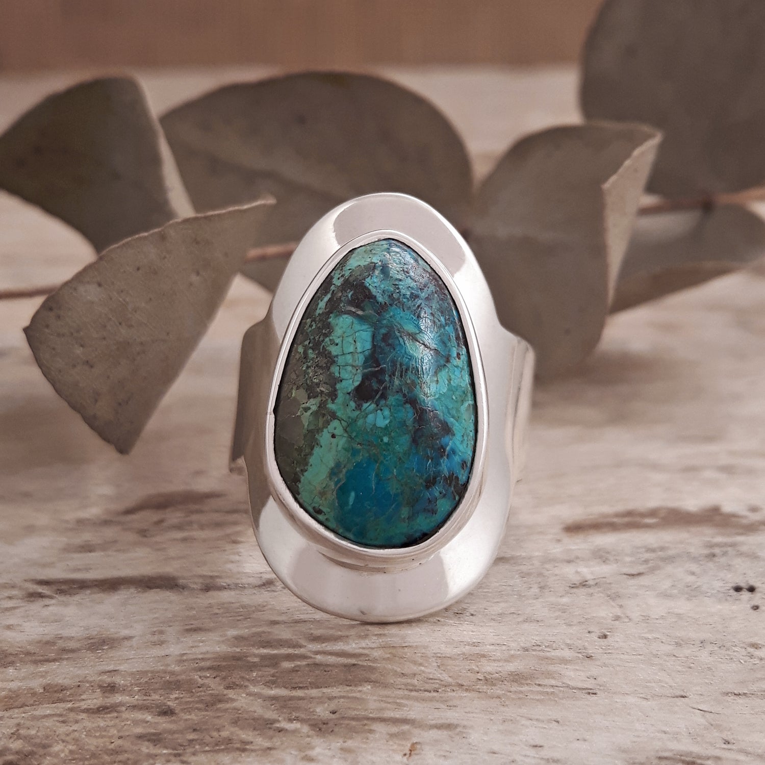 Monet Shattuckite Gemstone Small Adjustable Ring A Set in Sterling Silver