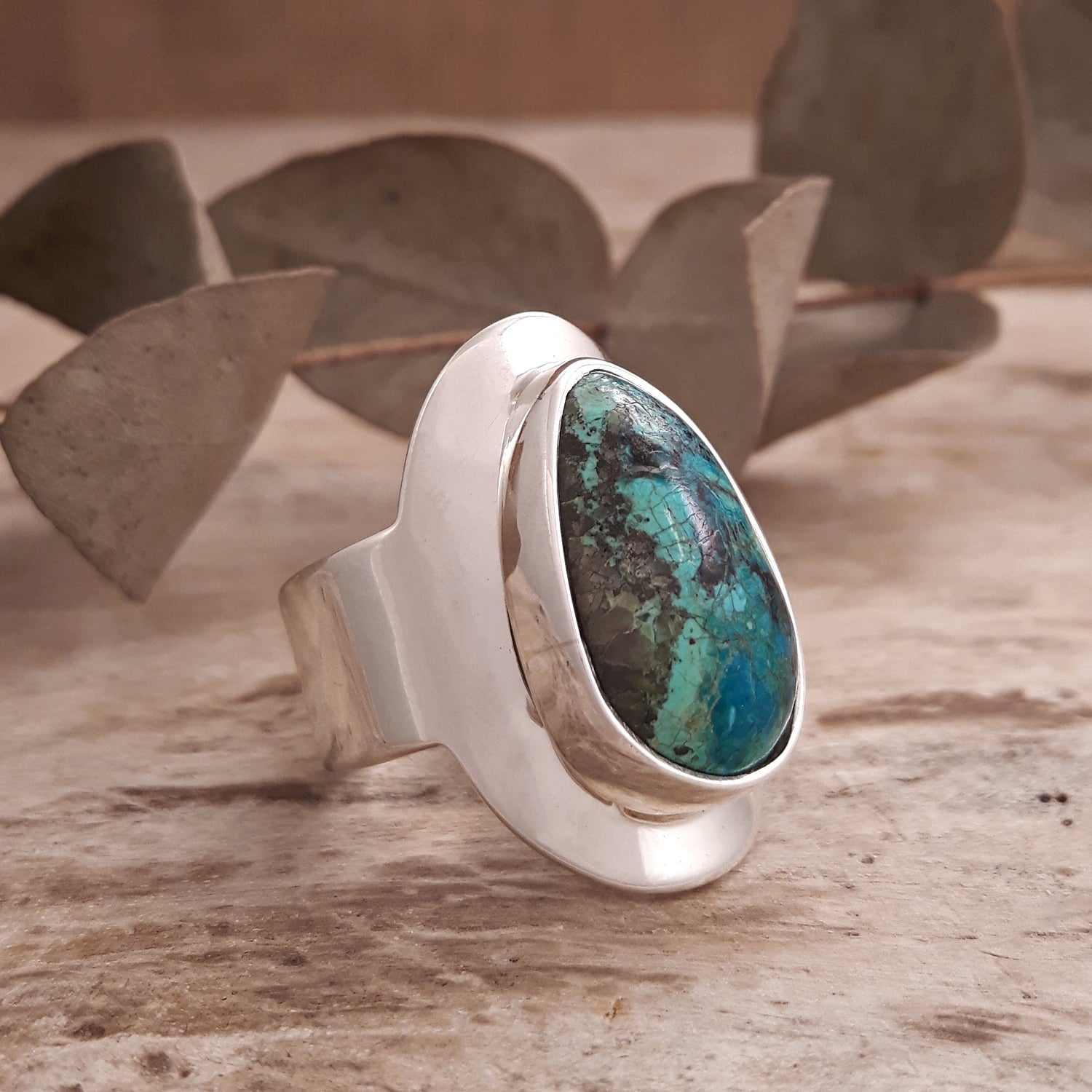 Monet Shattuckite Gemstone Small Adjustable Ring A Set in Sterling Silver