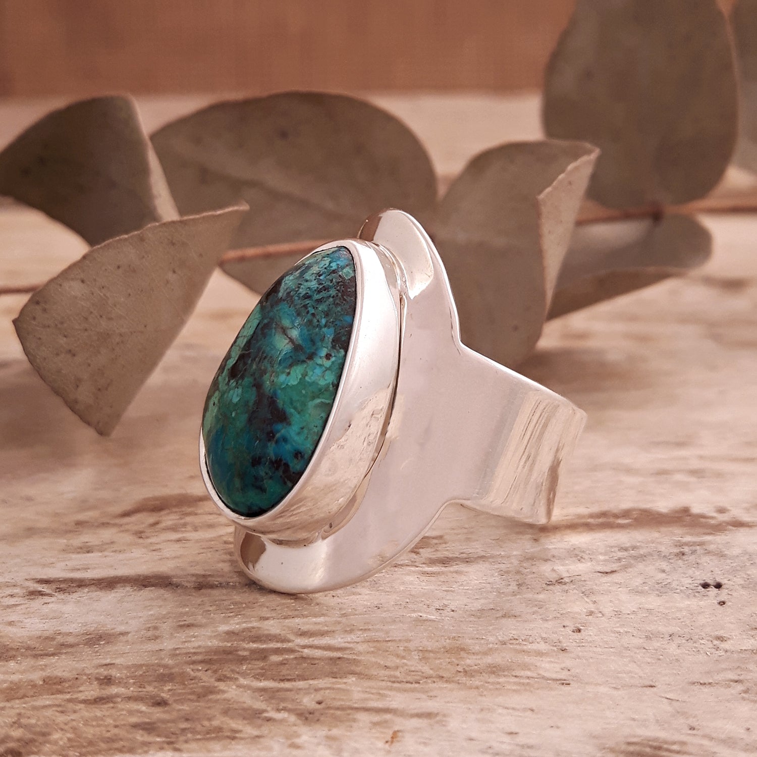 Monet Shattuckite Gemstone Small Adjustable Ring A Set in Sterling Silver