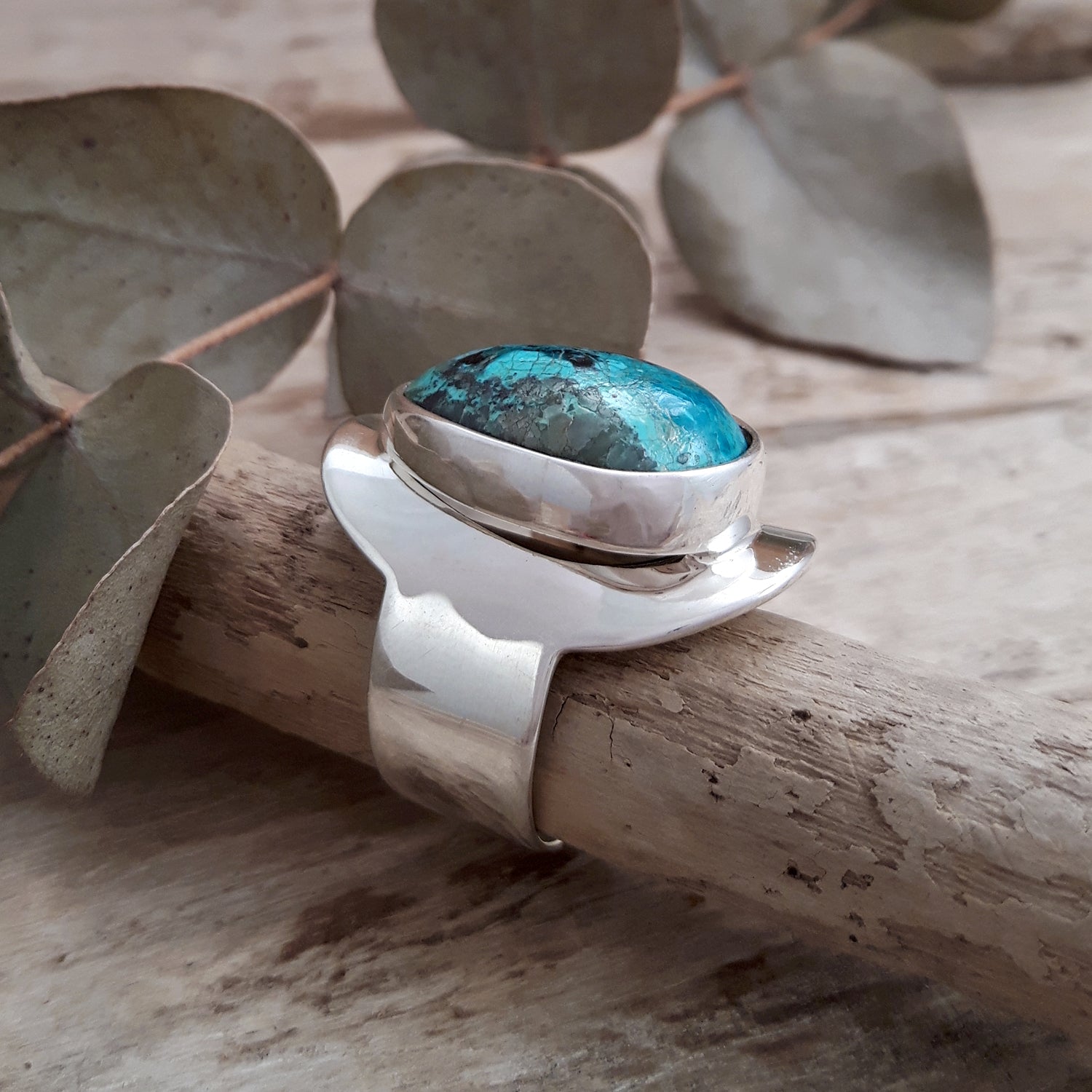 Monet Shattuckite Gemstone Small Adjustable Ring A Set in Sterling Silver