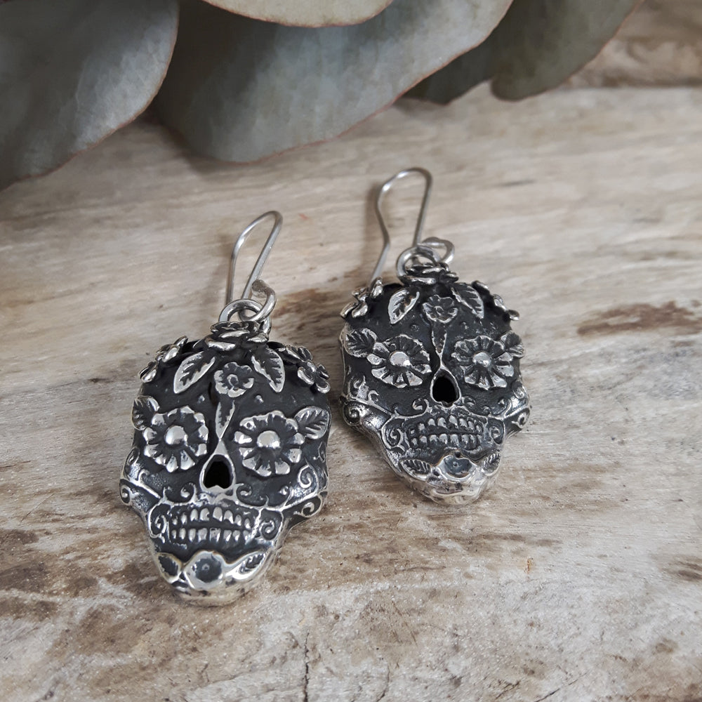 Sugar Skull Sterling Silver Drop Earrings