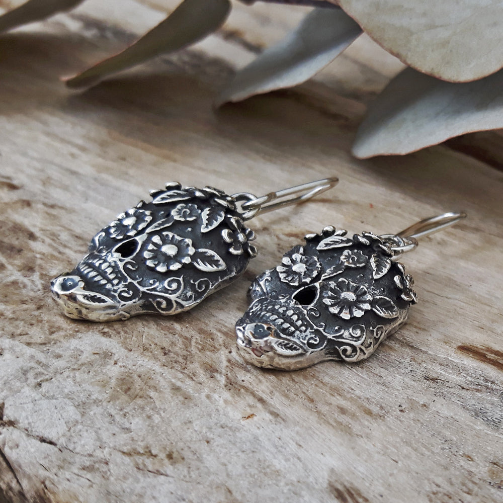 Sugar Skull Sterling Silver Drop Earrings