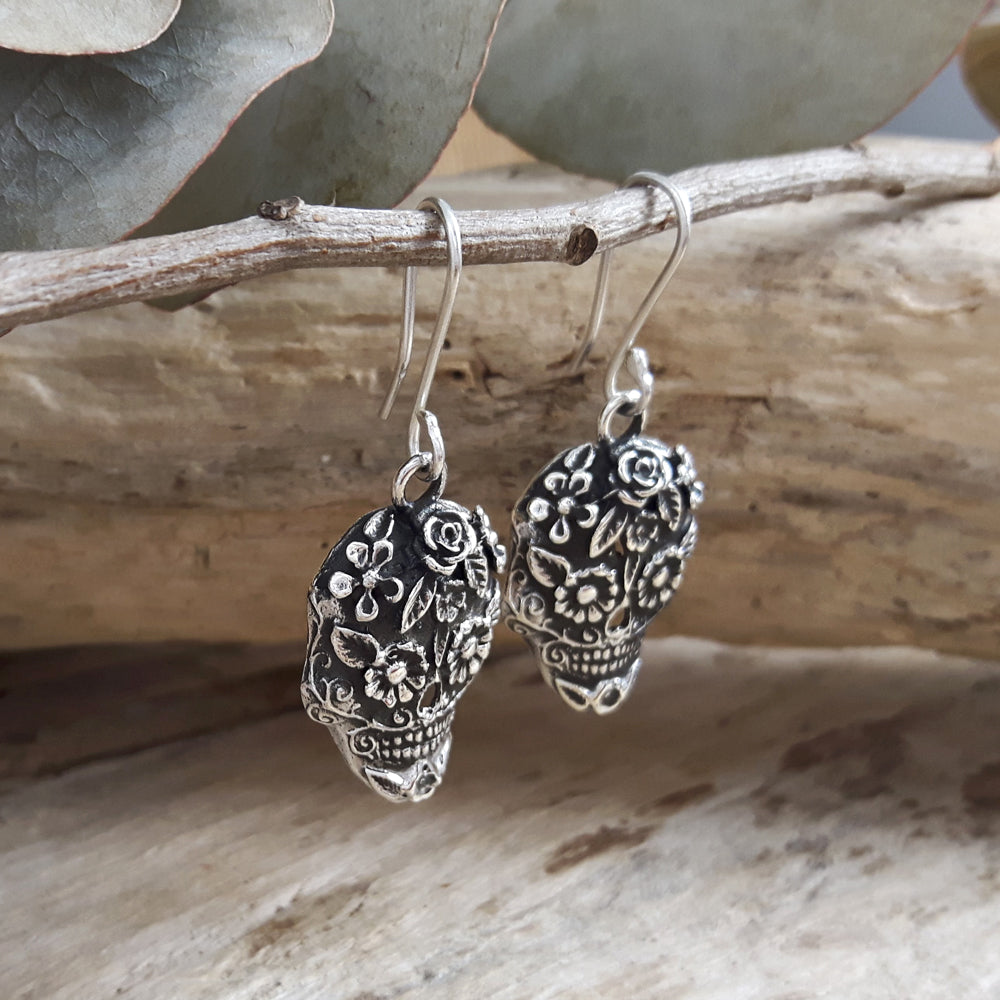 Sugar Skull Sterling Silver Drop Earrings