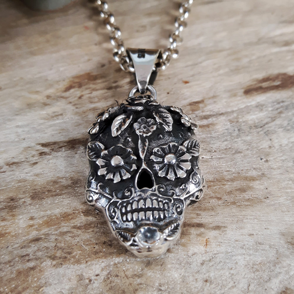 Sugar Skull Sterling Silver Pendant
