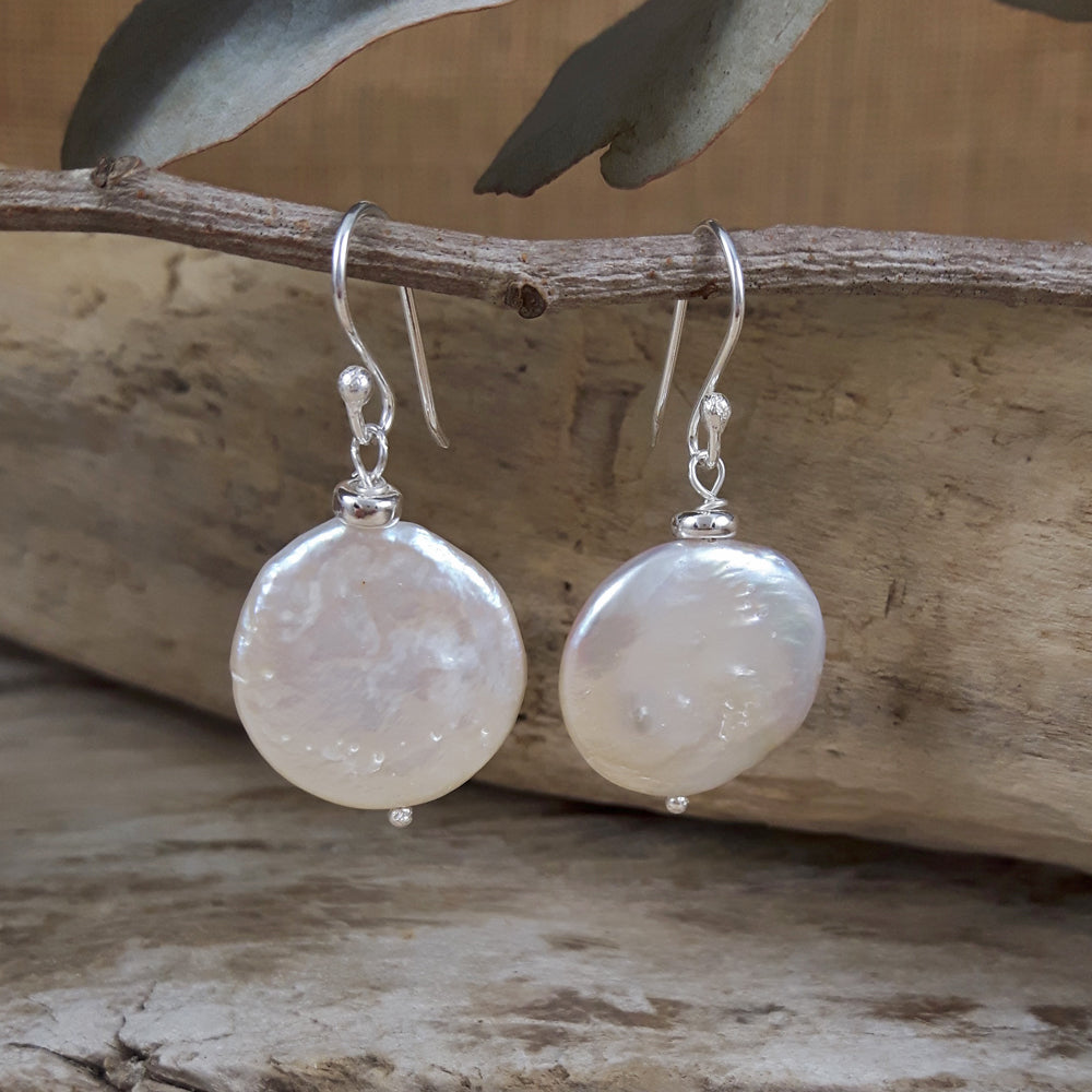 Coin Biwa Pearl Drop Earrings