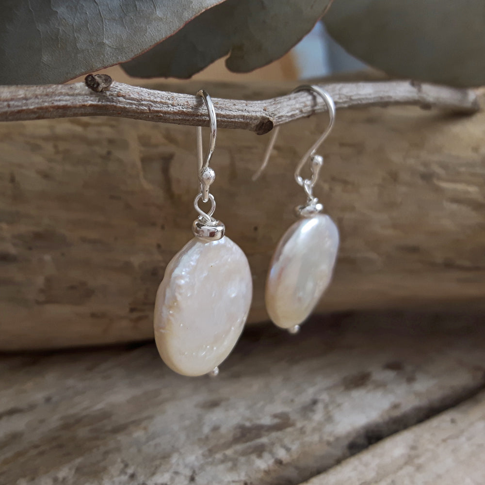 Coin Biwa Pearl Drop Earrings