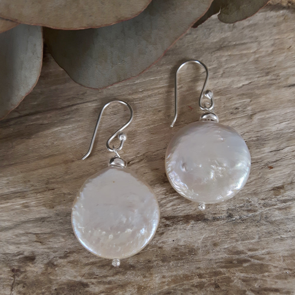 Coin Biwa Pearl Drop Earrings