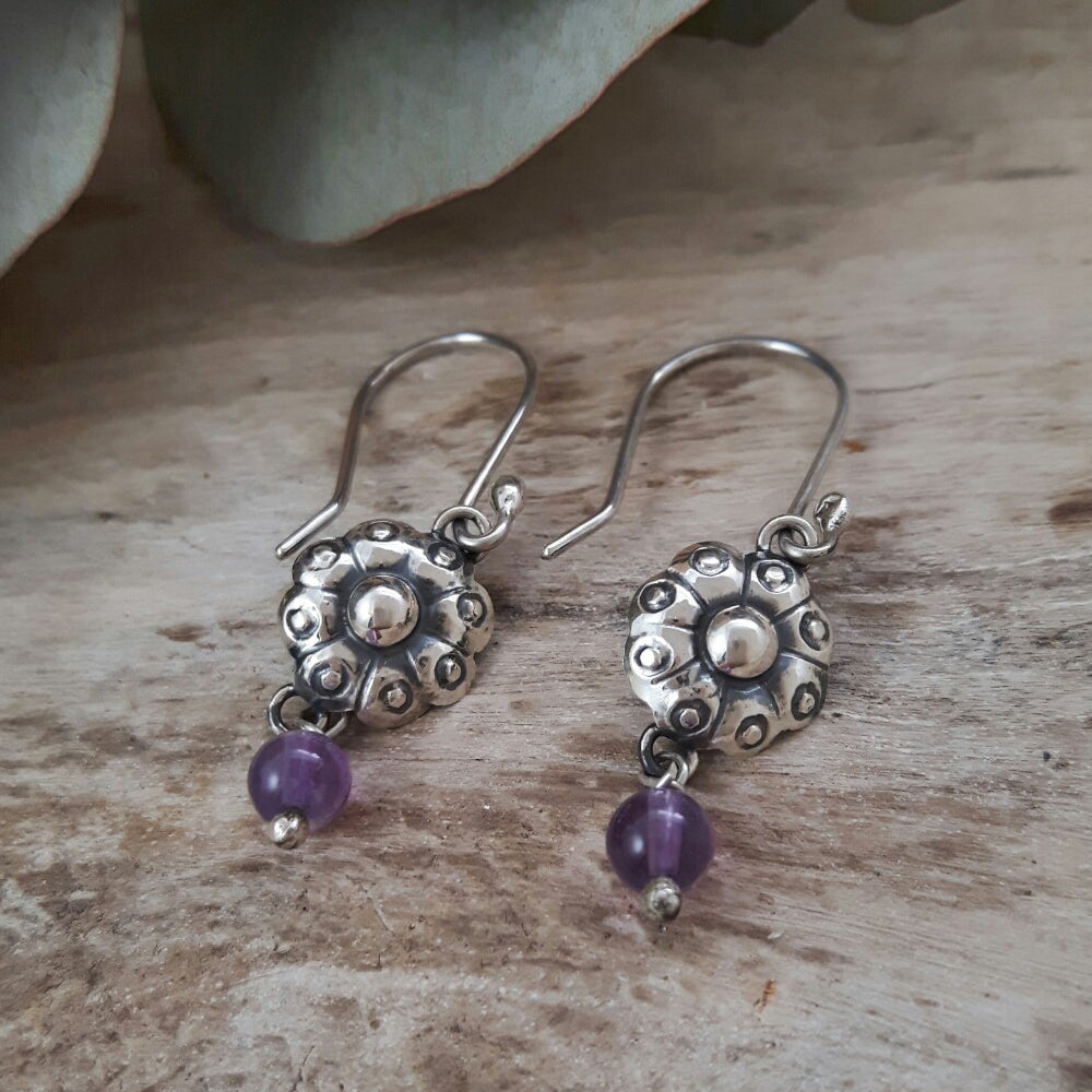 Bloom Flower Silver & Amethyst Drop Earrings