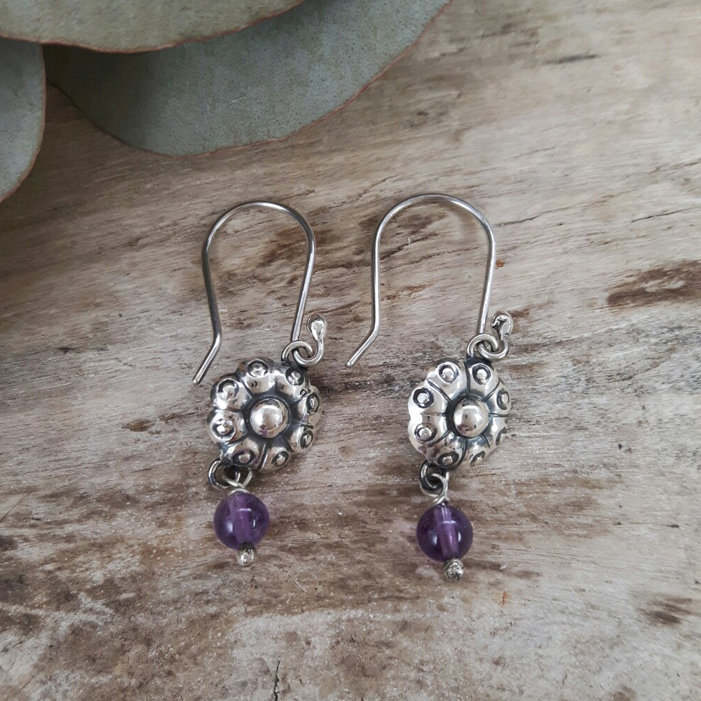 Bloom Flower Silver & Amethyst Drop Earrings