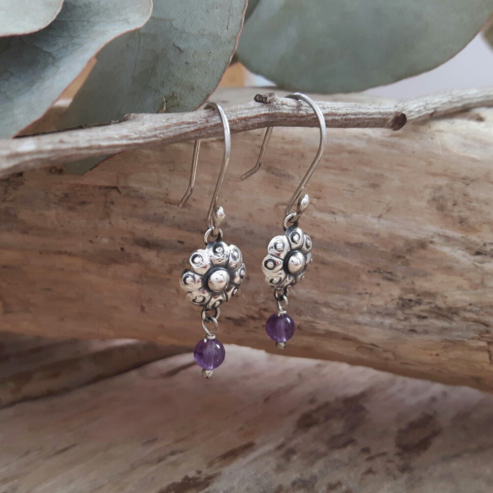 Bloom Flower Silver & Amethyst Drop Earrings