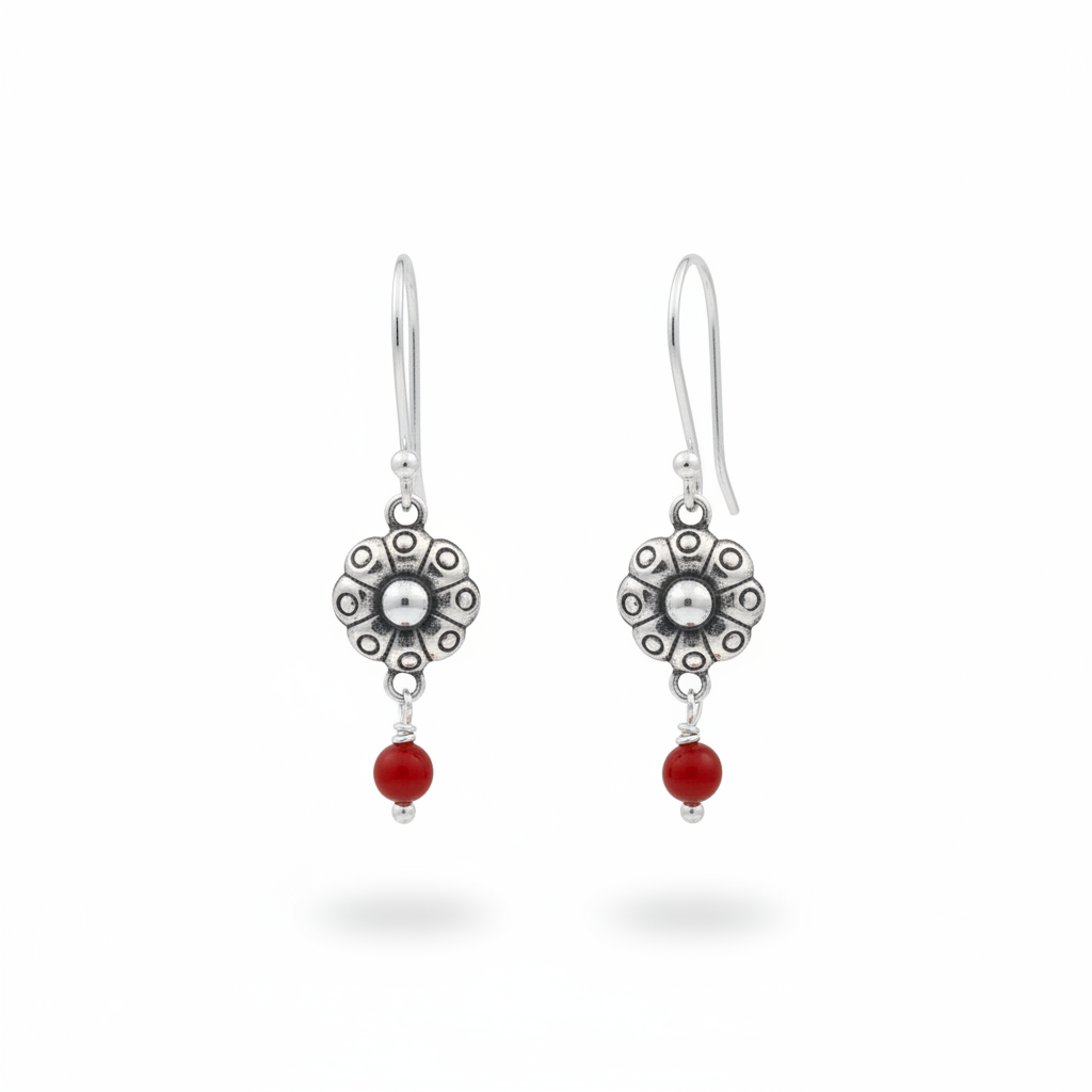 Bloom Flower Silver & Red Drop Earrings