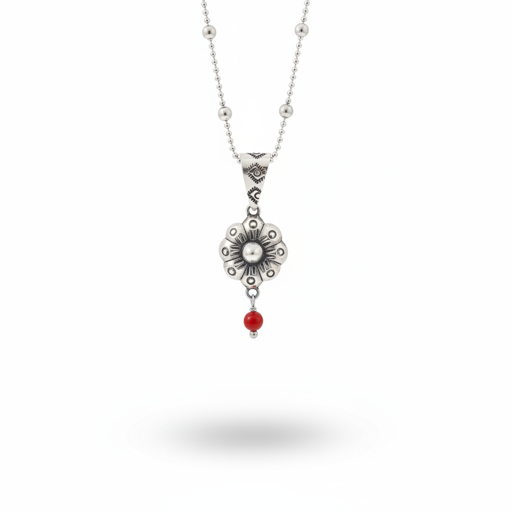 Bloom Flower Silver & Red Pendant - Shadow Below