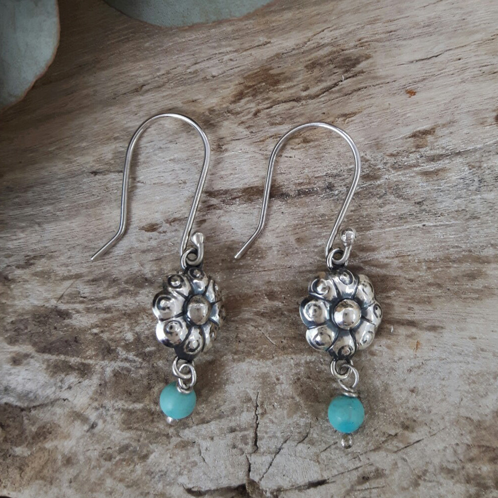 Bloom Flower Silver & Turquoise Drop Earrings