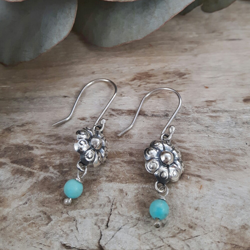 Bloom Flower Silver & Turquoise Drop Earrings