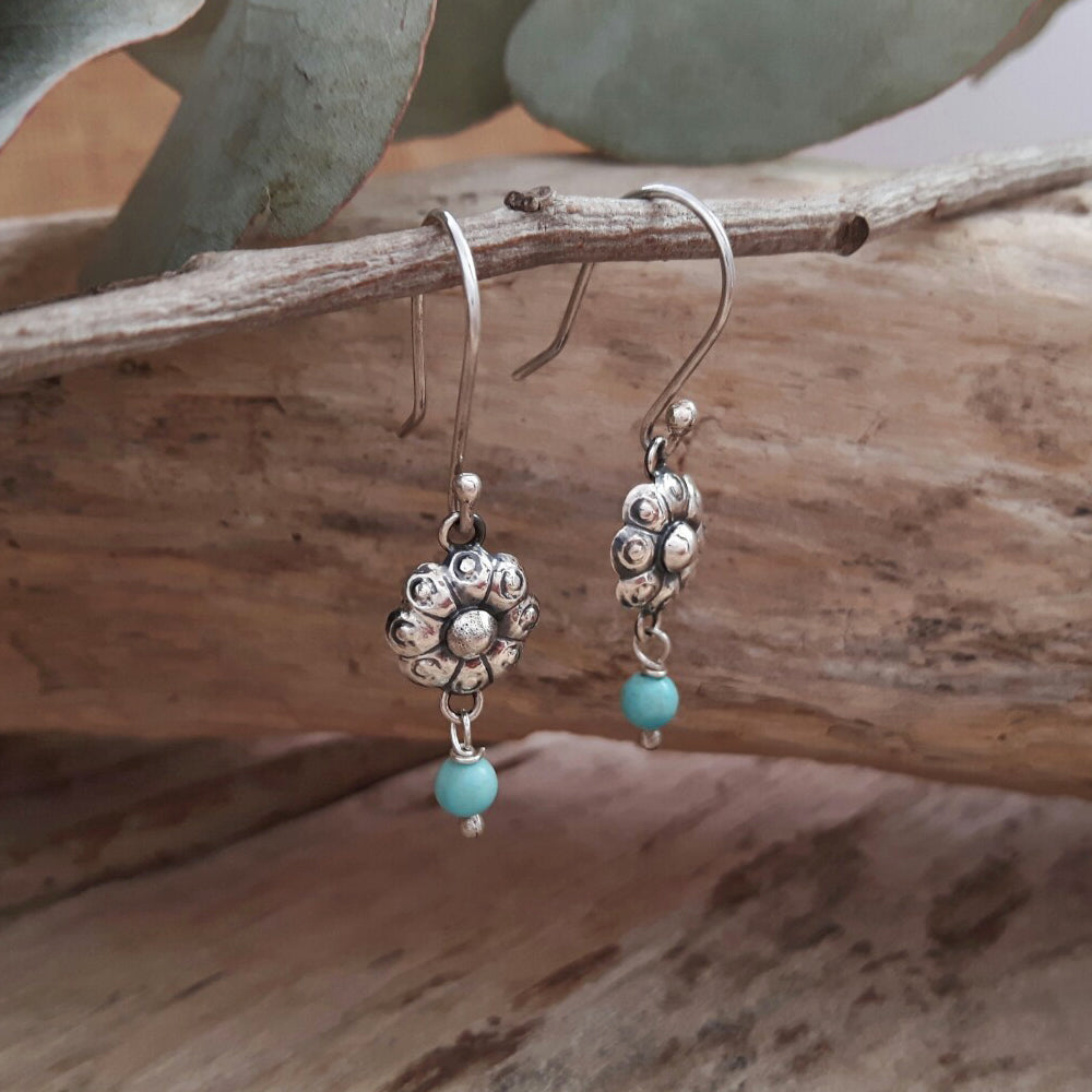 Bloom Flower Silver & Turquoise Drop Earrings