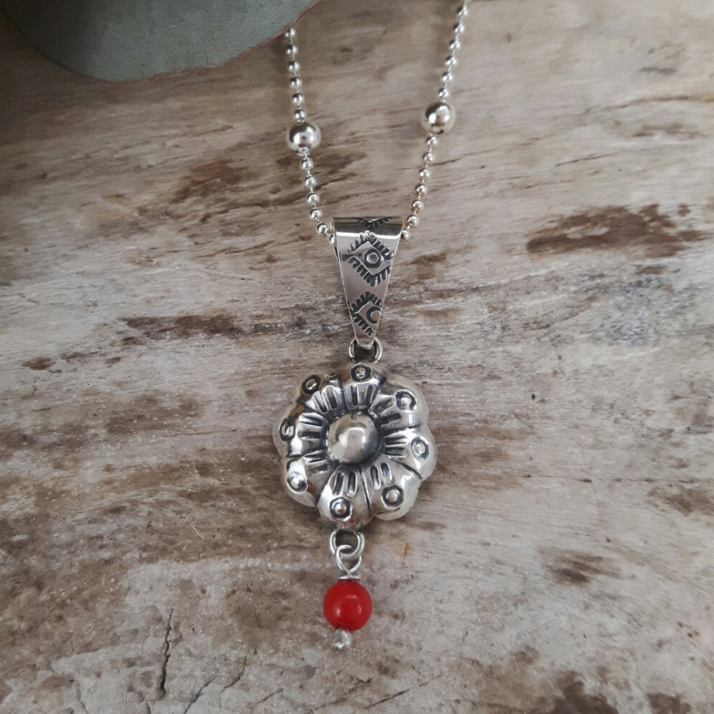 Bloom Flower Silver & Red Pendant