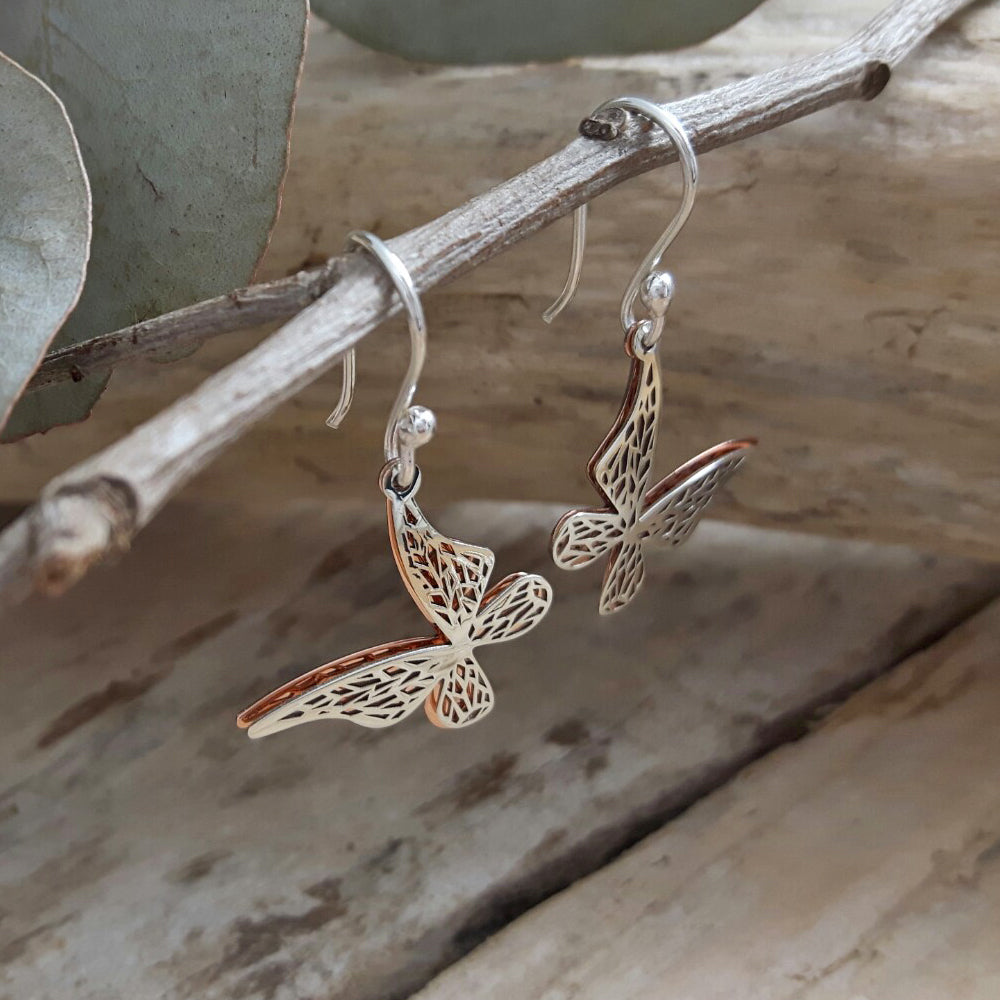 Celtic Butterfly Silver/Copper Drop Earrings