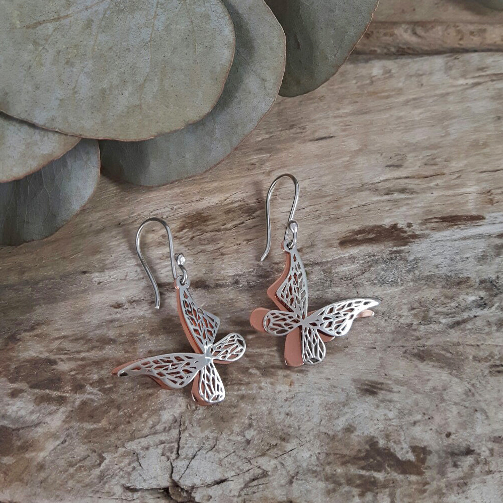 Celtic Butterfly Silver/Copper Drop Earrings