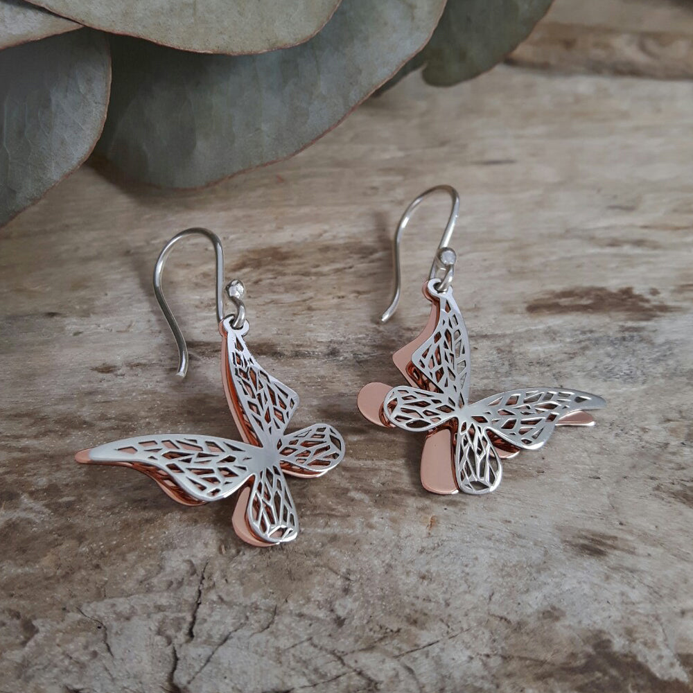 Celtic Butterfly Silver/Copper Drop Earrings