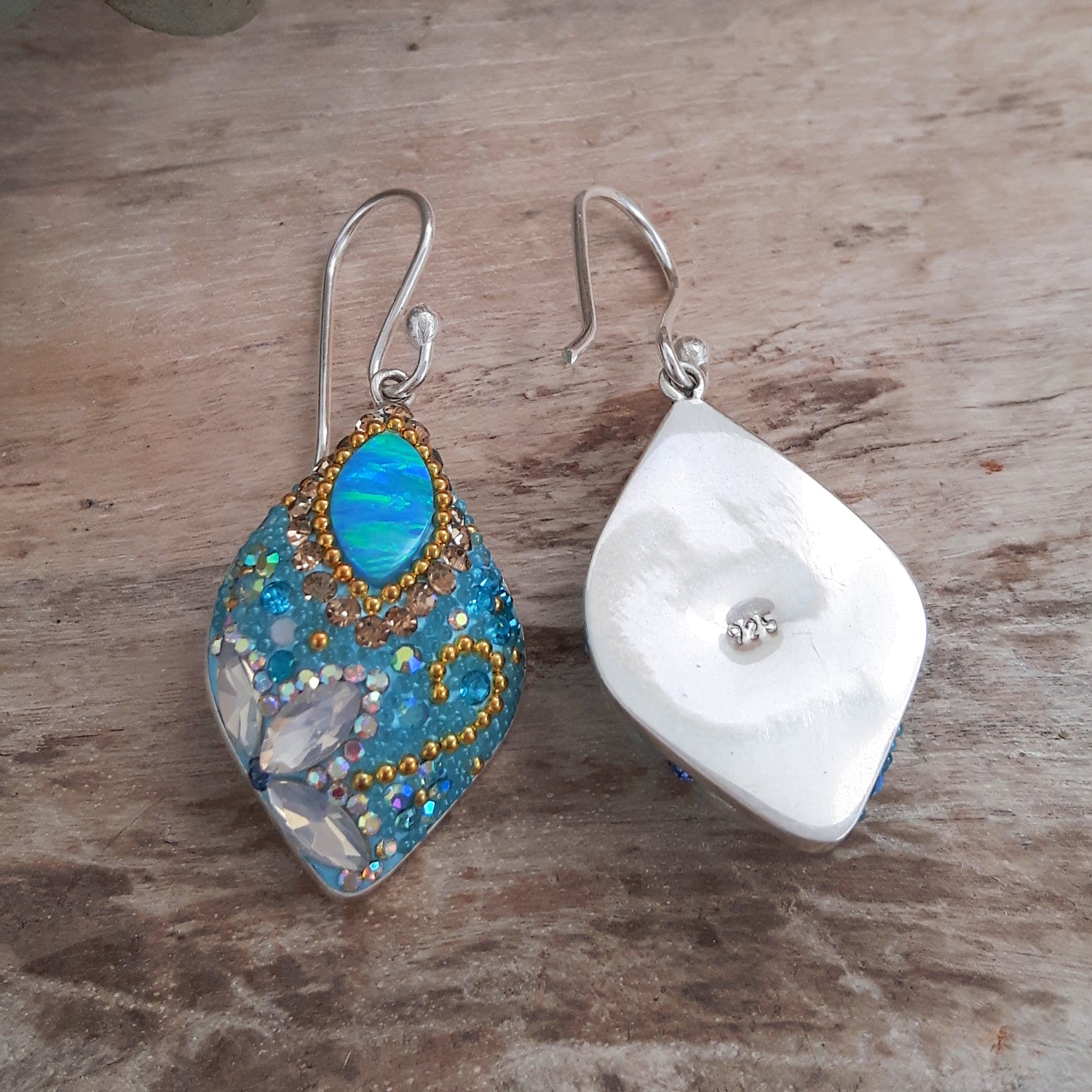 close up opal drop earrings crystal detail front & back